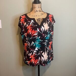 Worthington Womens Summer Tropical Leaf Print Notched Neckline Black Size PXL